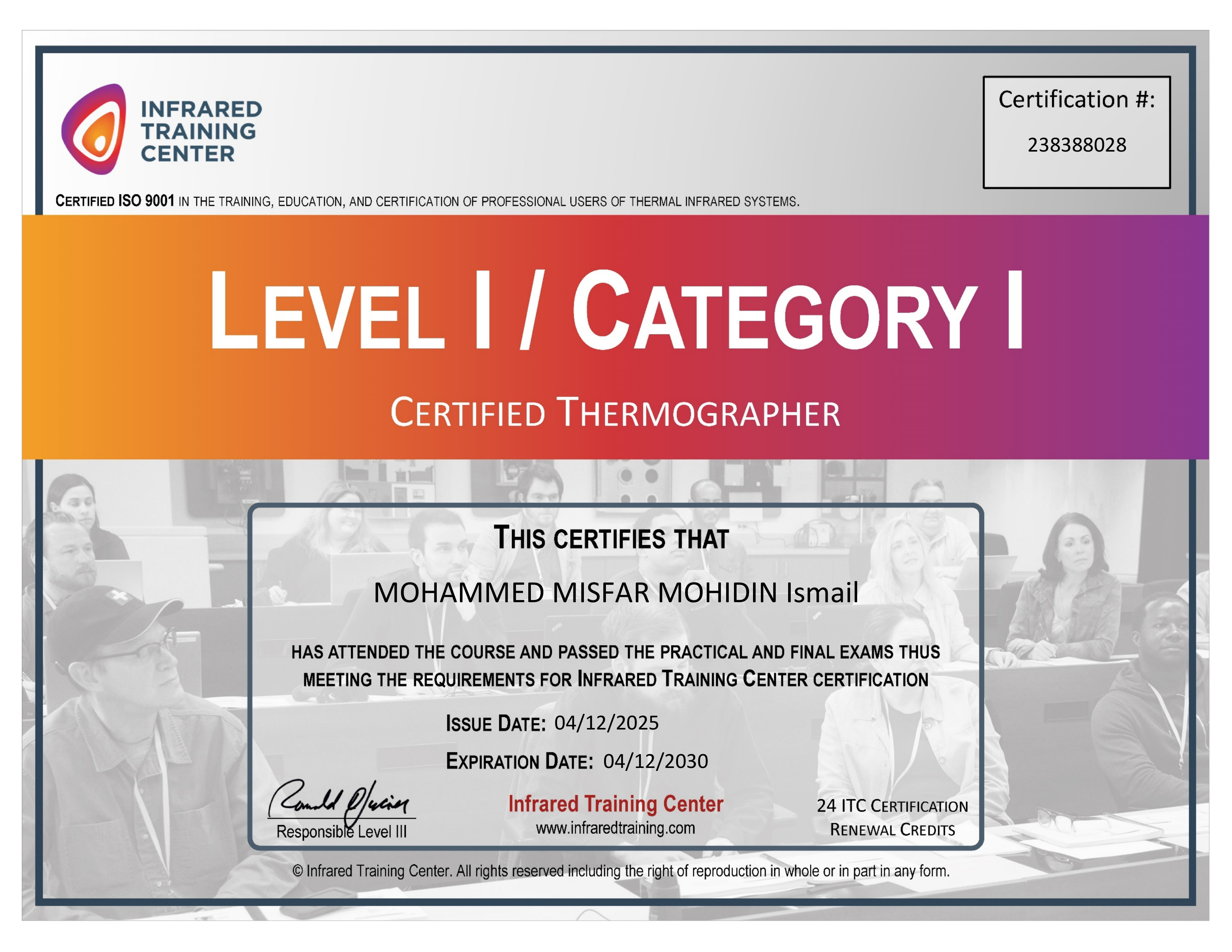Level I / Category I Certified Thermographer